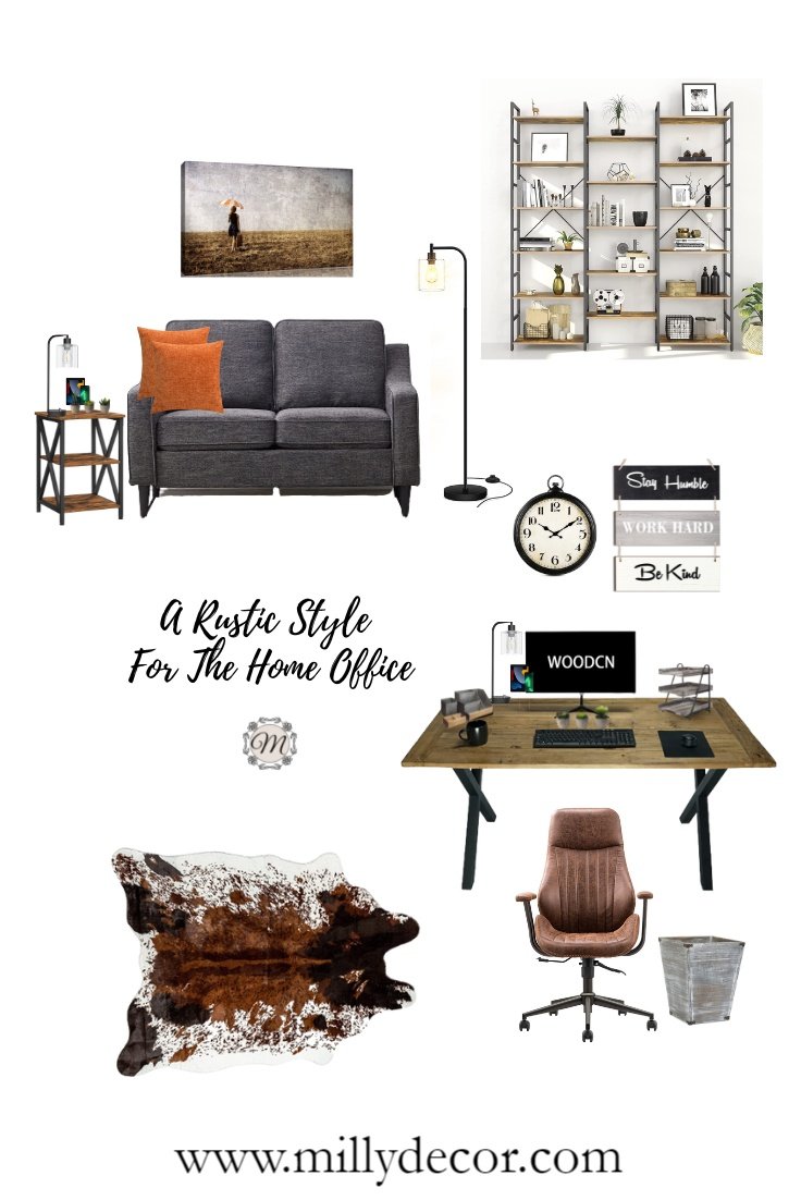 Mood Board in Rustic Style For The Basement with decor furniture and orange accent pieces.